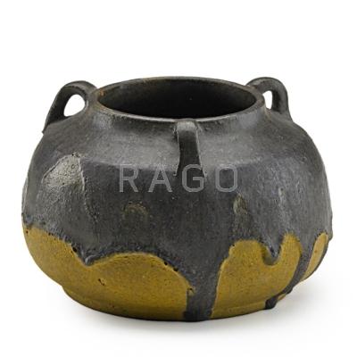 Appraisal: MERRIMAC Unusual three-handled vessel ochre with gunmetal drip glaze Newburyport