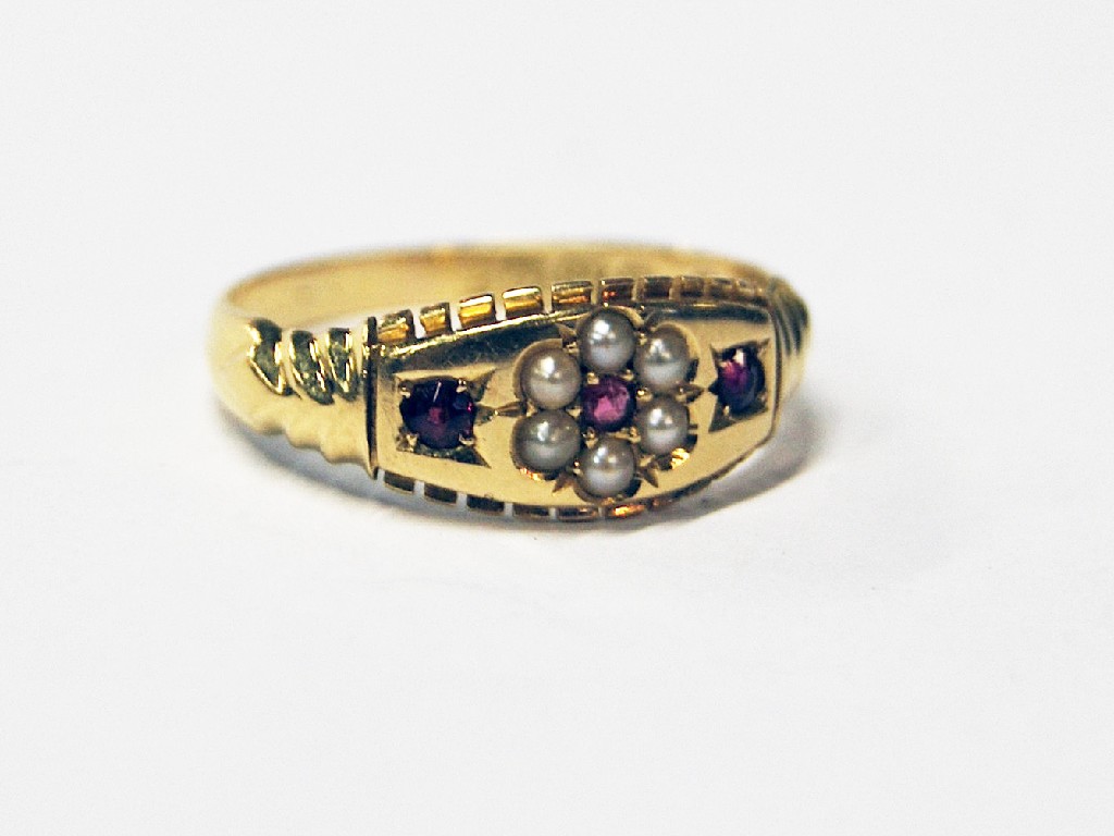 Appraisal: ct yellow gold ruby and pearl cluster ring