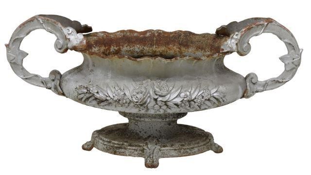 Appraisal: French silver-tone iron planter dual handles ruffled rim over cast