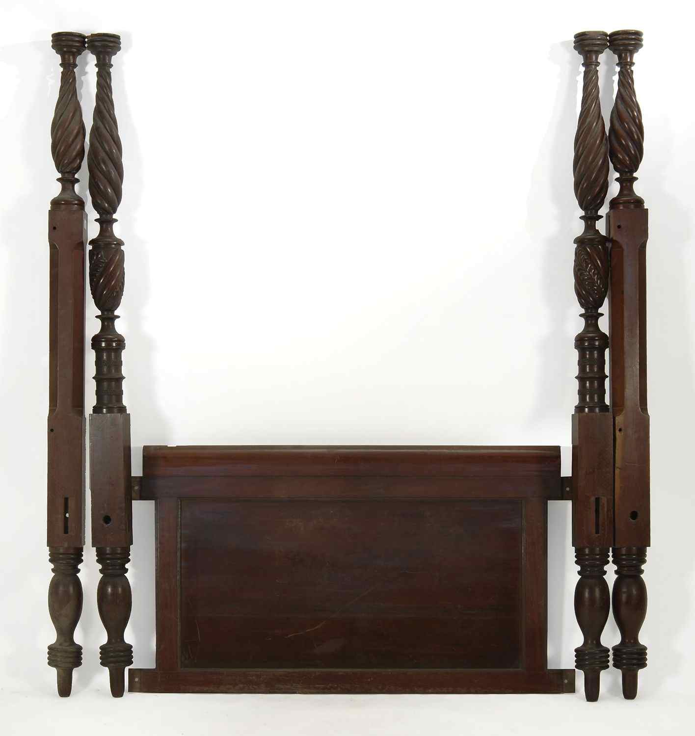 Appraisal: ANTIQUE AMERICAN SHERATON FOUR-POST BEDCirca In mahogany Paneled headboard with