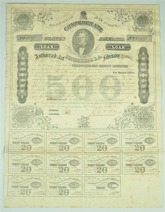 Appraisal: Confederate Bond with Coupons Portrait of C G Meninger Criswell