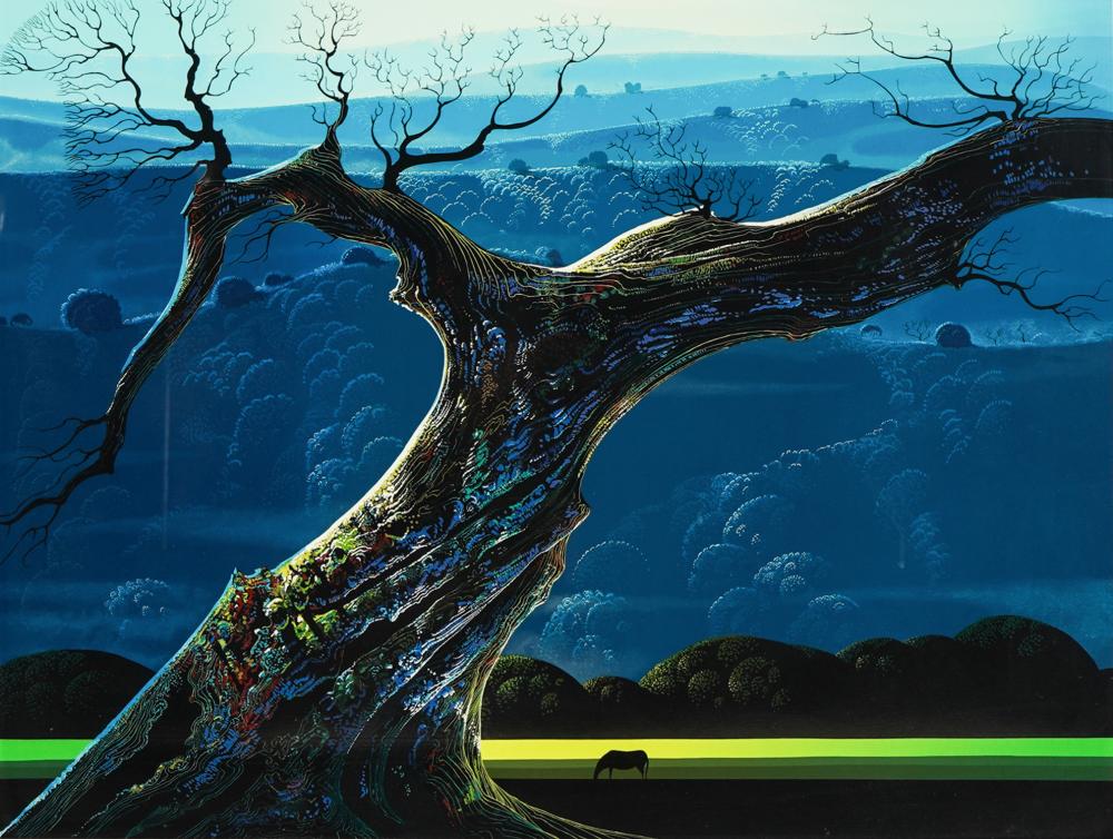 Appraisal: EYVIND EARLE - TREE IN LANDSCAPElithograph matted and framed under