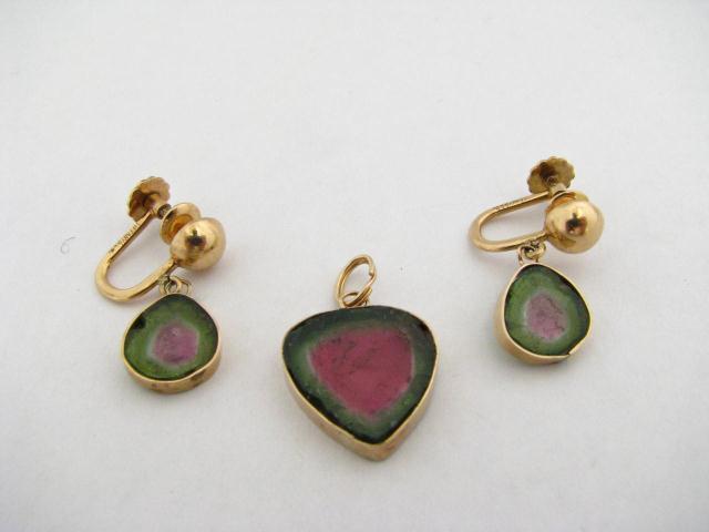 Appraisal: Pair of K yellow gold watermelon tourmaline screw-back dangle earrings