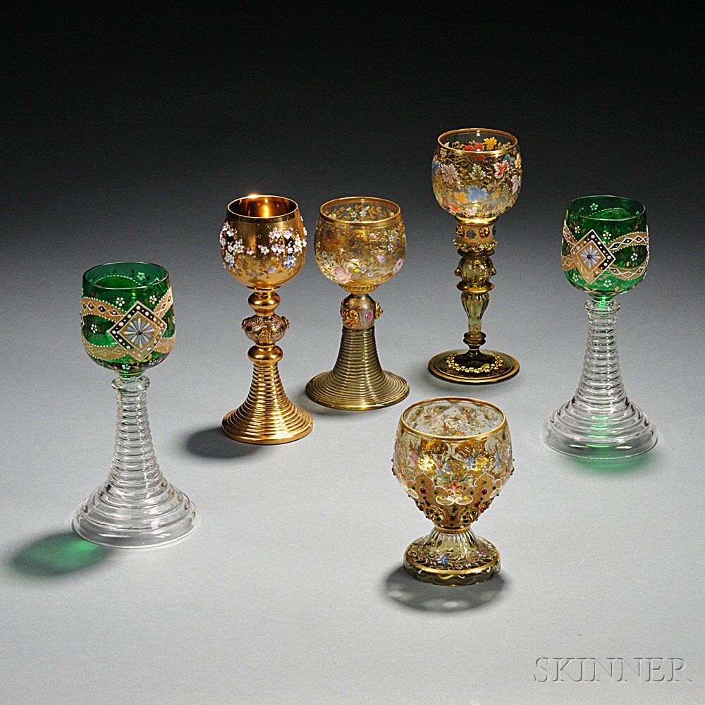 Appraisal: Six Moser-type Gilded and Enameled Glass Chalices Bohemia late th