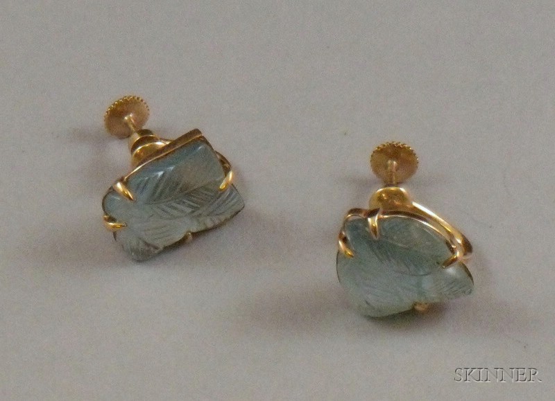 Appraisal: kt Yellow Gold and Carved Blue Topaz Leaf-form Earrings