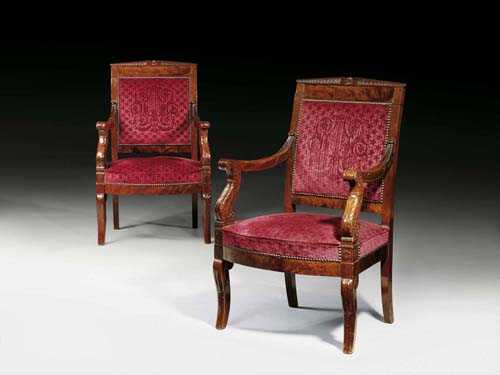 Appraisal: PAIR OF MAHOGANY FAUTEUILS AUX VOLUTES Restauration Paris th century