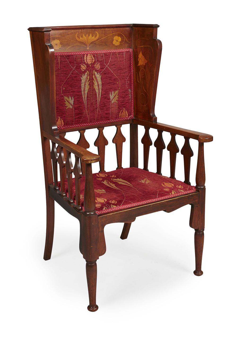 Appraisal: ART NOUVEAU MAHOGANY AND MARQUETRY INLAID WING ARMCHAIR CIRCA with