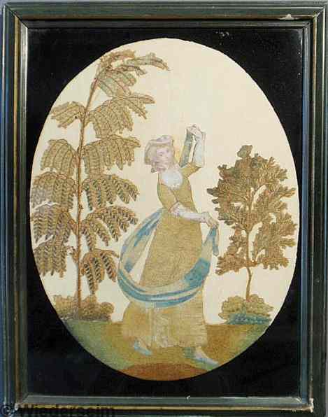 Appraisal: English oval silkwork picture c of a lady with a