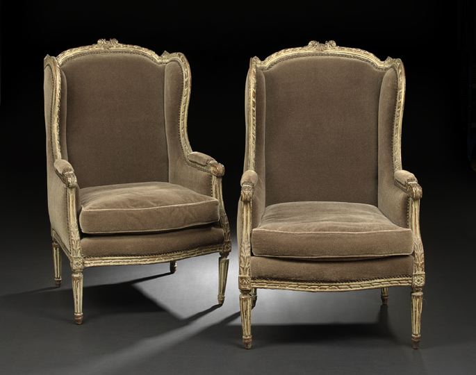 Appraisal: Pair of Louis XVI-Style Polychromed Bergere avec Oreilles third quarter