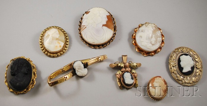 Appraisal: Small Group of Cameo Jewelry including four shell-carved cameo brooches