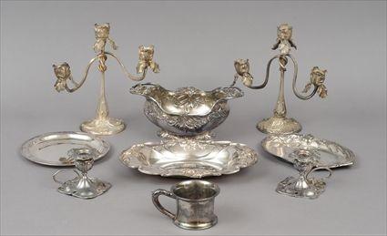 Appraisal: Eight Art Nouveau Silverplate Articles Including a pair of three-light