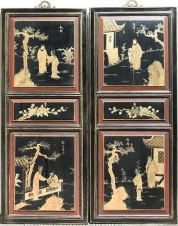 Appraisal: Chinese Black Lacquer Gilt Panels Vintage Pair Pair of Chinese