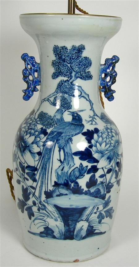 Appraisal: CHINESE BLUE PAINTED BALUSTER VASE with twin pierced handles boldly