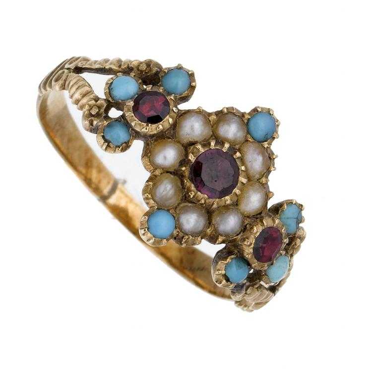 Appraisal: AN ANTIQUE ENGLISH AMETHYST SEED PEARL AND TURQUOISE TRIPLE CLUSTER