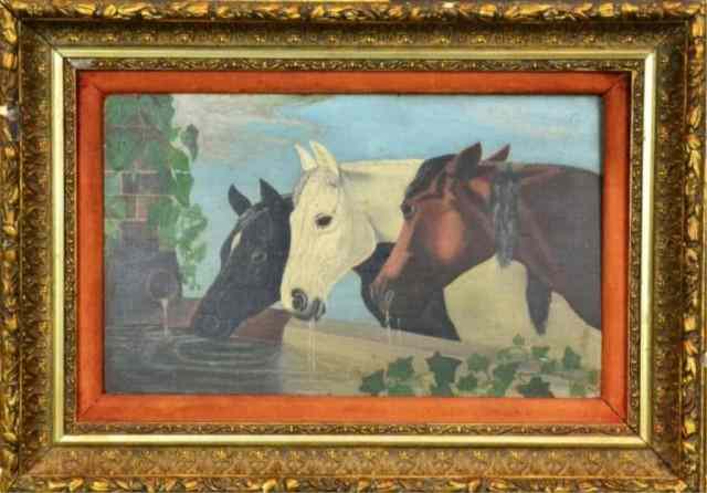 Appraisal: OIL ON WOOD PANEL OF HORSESThree horses at a water