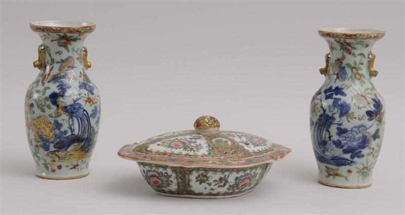 Appraisal: PAIR OF CANTON PORCELAIN CELADON-GROUND VASES AND A DIAMOND-SHAPED ENTREE