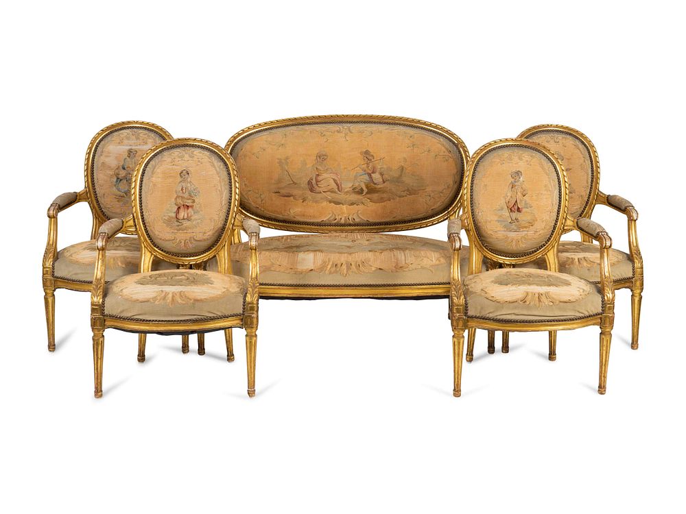 Appraisal: A Louis XVI Style Aubusson Tapestry-Upholstered Giltwood Five-Piece Salon Suite