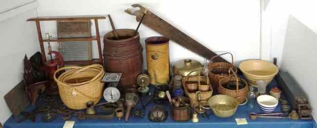 Appraisal: Misc table lot including baskets barrel primitives brassware cane scale