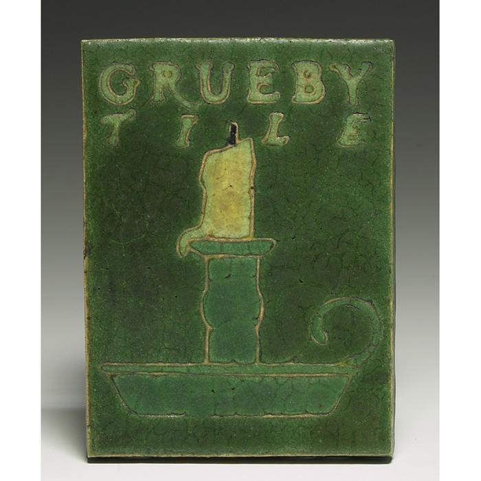 Appraisal: Exceptional Grueby tile sign incised and painted chamberstick in green