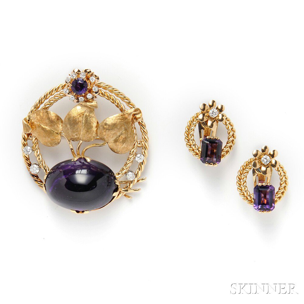 Appraisal: kt Gold Amethyst and Diamond Suite a circle brooch designed