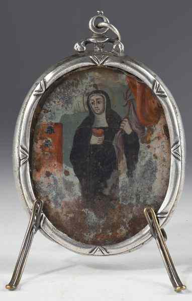 Appraisal: Spanish Pilgrim's Icon th century unmarked oval silver case with