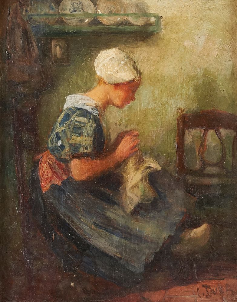 Appraisal: Carl Duxa Woman Sewing Oil on Board Carl Duxa Austrian