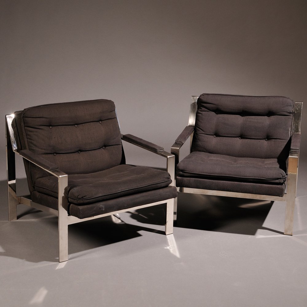 Appraisal: Pair of Lounge Chairs Attributed to Milo Baughman Polished steel