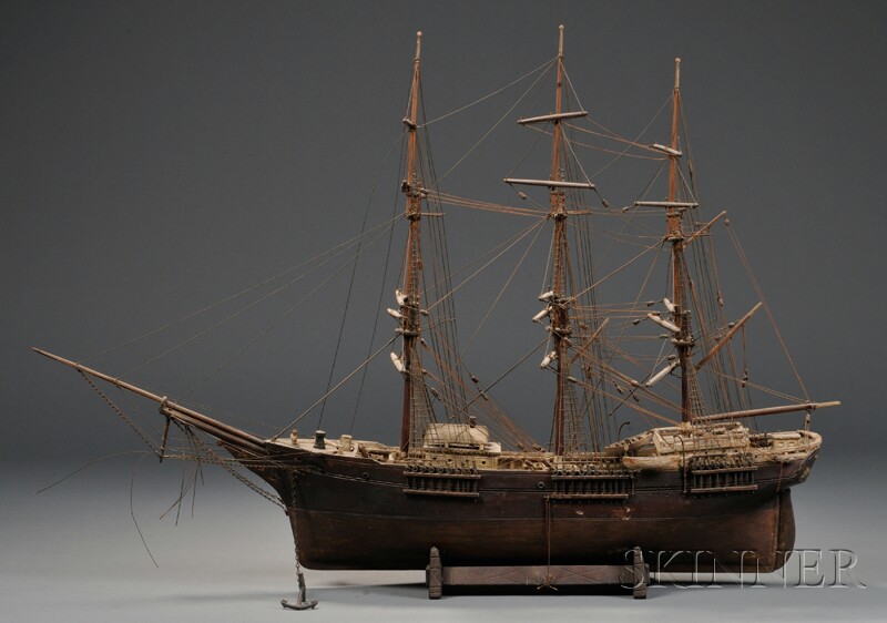 Appraisal: Wooden Model of a Three-masted Merchant Ship late th early