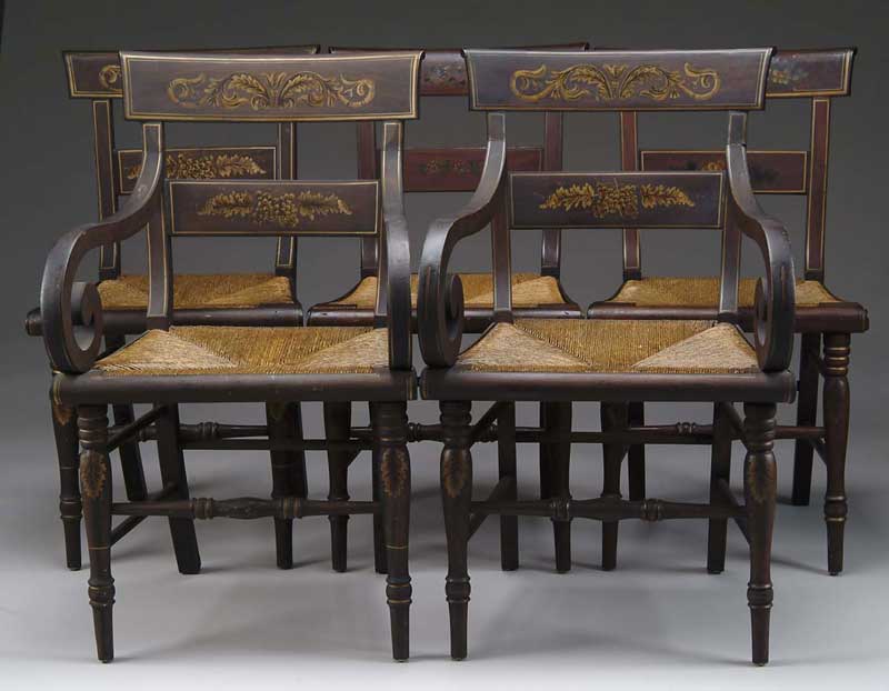 Appraisal: SET OF FIVE DECORATED RUSH SEAT DINING CHAIRS Set consists