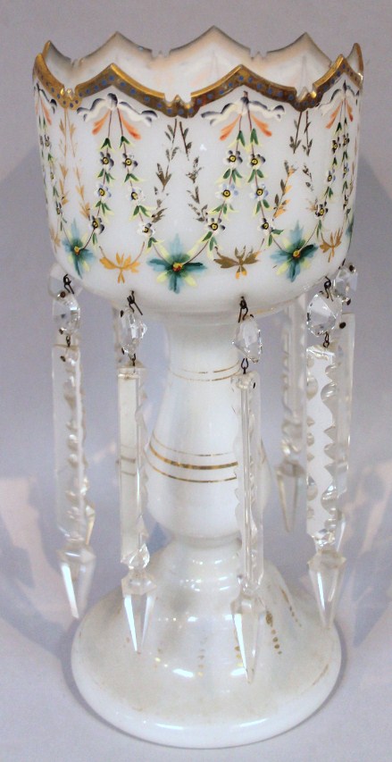 Appraisal: A Victorian milk glass lustre painted with garlands predominantly in