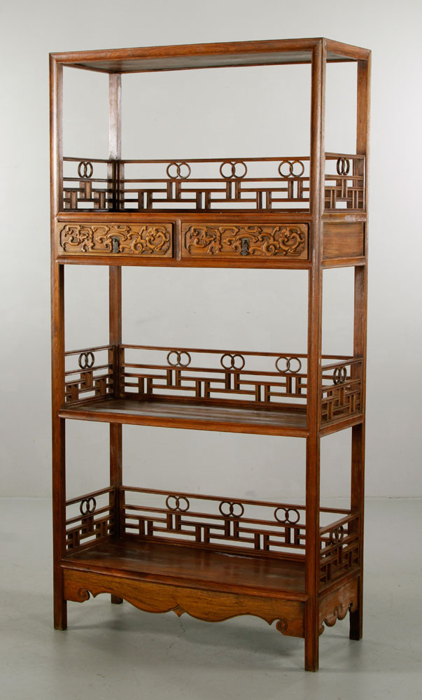 Appraisal: - Chinese Huanghuali Cabinet Huanghuali cabinet China three tiers carved