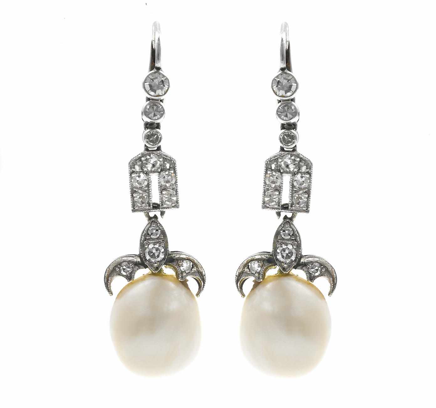 Appraisal: A pair of cultured pearl and diamond pendant earrings pear-shaped