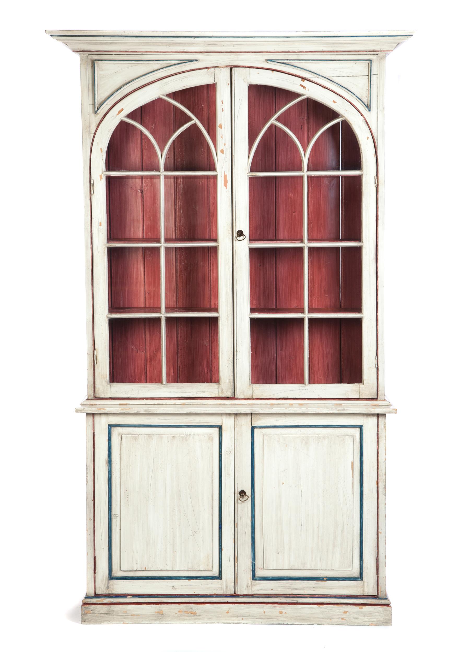 Appraisal: PAINTED TWO-PIECE FEDERAL-STYLE STEPBACK BOOKCASE American th century Molded cornice