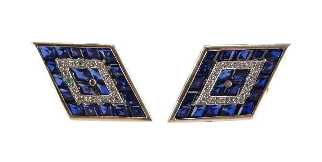 Appraisal: PAIR K GOLD DIAMOND AND SAPPHIRE CUFFLINKSOne pair K white