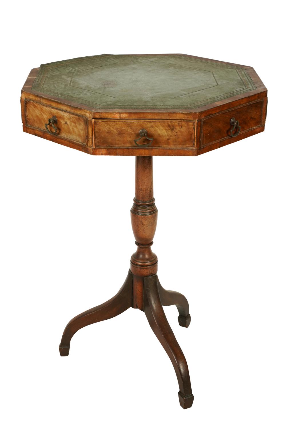 Appraisal: GEORGEIAN MAHOGANY LEATHER-TOP SIDE TABLEthe octagonal green leather-inset top with