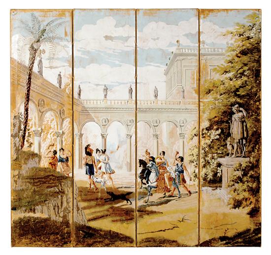 Appraisal: Classical style four-panel screen th century continuous scene of figures