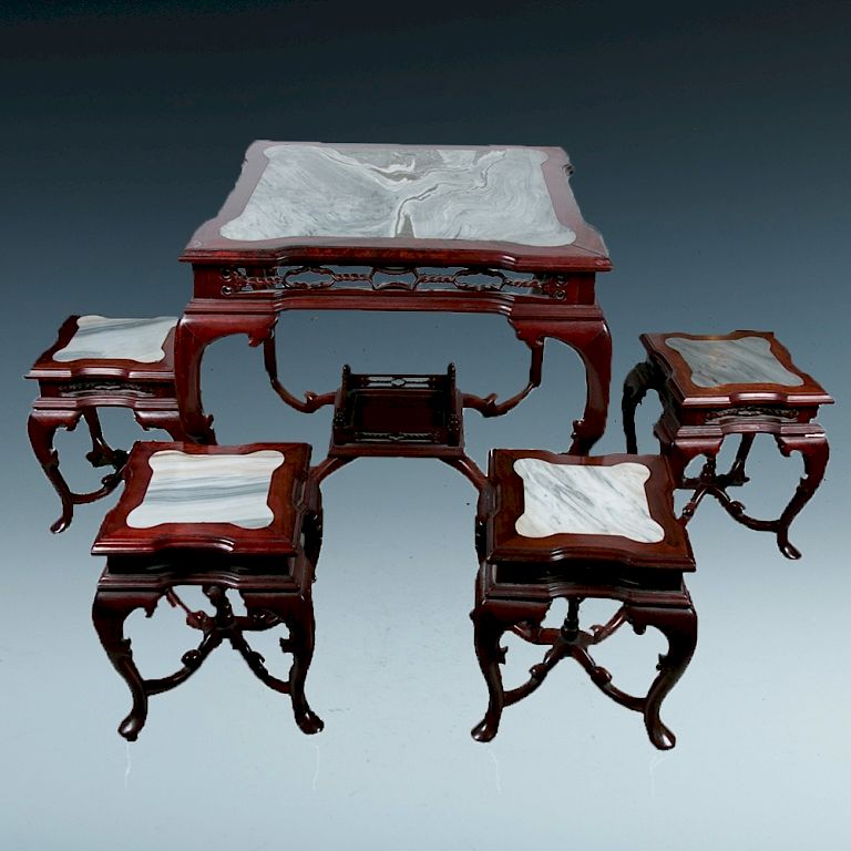 Appraisal: MARBLE-INLAID HARDWOOD TABLE WITH FOUR STOOLS The set comprising of