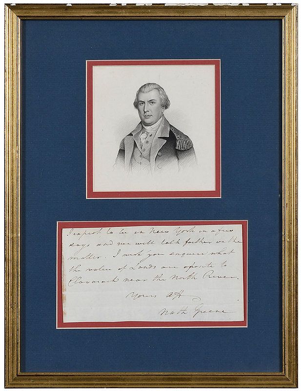 Appraisal: Nathanael Greene Signed Note unknown recipient mention of travel to