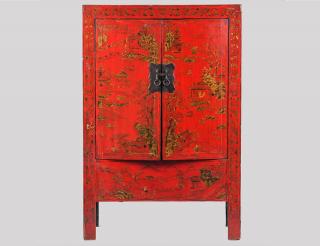 Appraisal: GILT DECORATED RED LACQUER SIDE CABINET Chinese th Century The