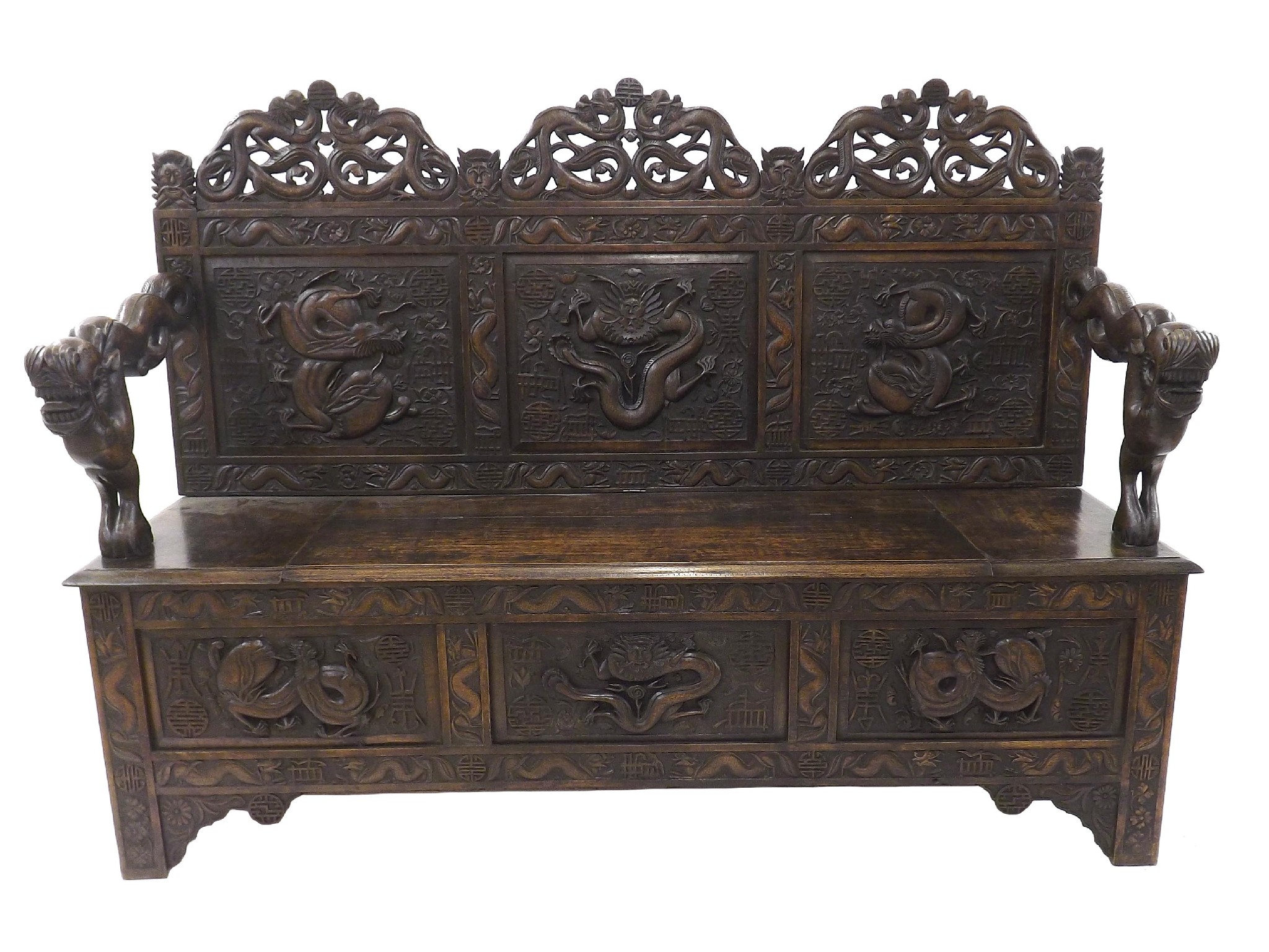 Appraisal: Chinese hardwood carved box settle with twin coiled dragon and