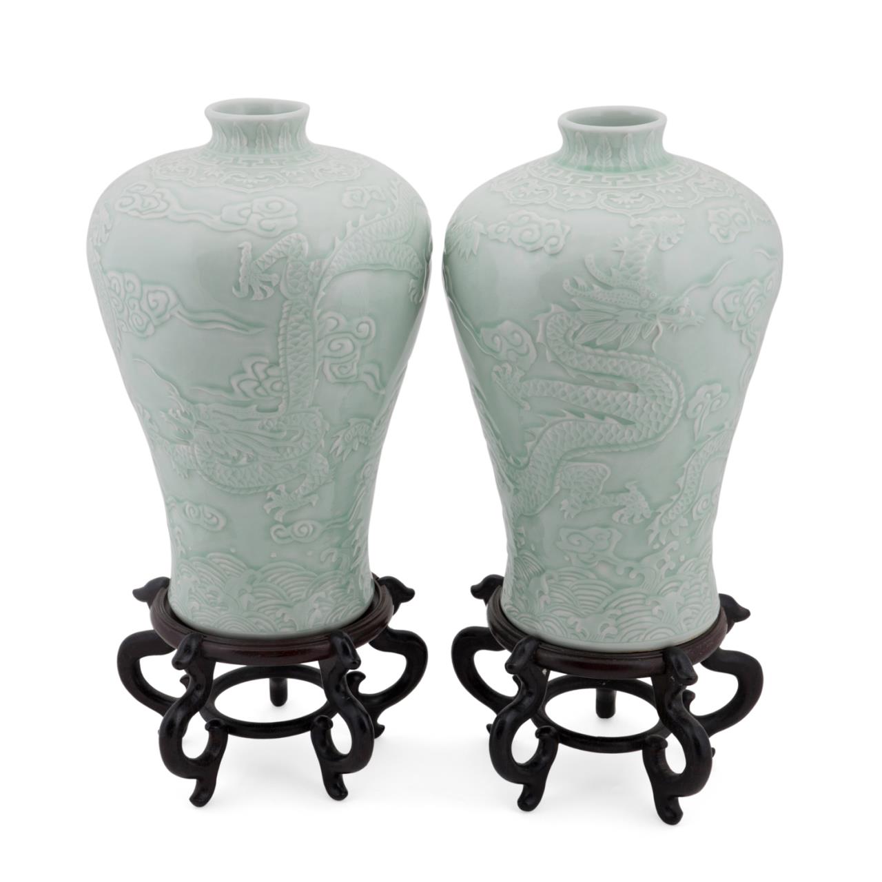 Appraisal: PR CHINESE LONGQUAN STYLE MEIPING VASES W STANDS Pair of