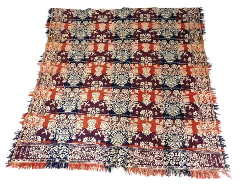 Appraisal: TEXTILE Jacquard-woven coverlet wool and cotton of rusty red and