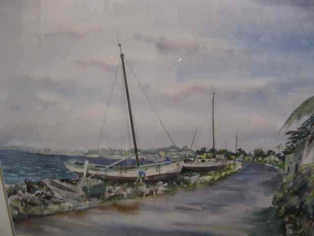 Appraisal: O B Browning Watercolor Sailboats alongthe shoreline image area ''