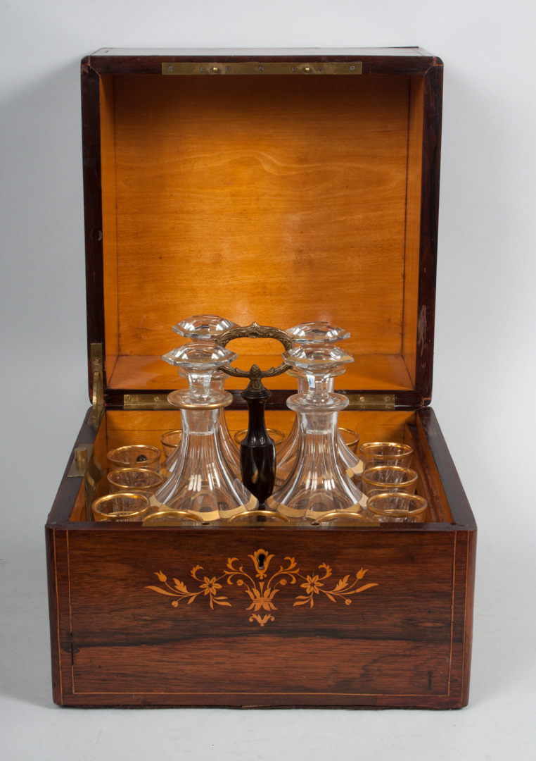 Appraisal: Victorian inlaid rosewood tantalus circa exterior with elaborate string and