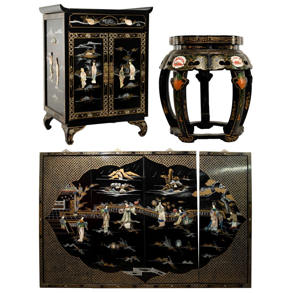 Appraisal: ASIAN BLACK LACQUER FURNITURE ASSORTMENT items including cabinet having doors