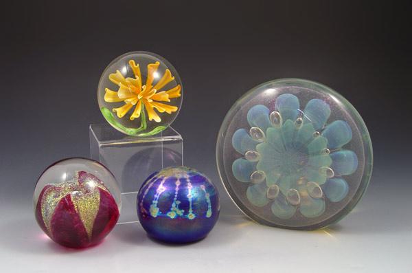 Appraisal: ART GLASS PAPERWEIGHTS To include Opalescent with floral and suspended