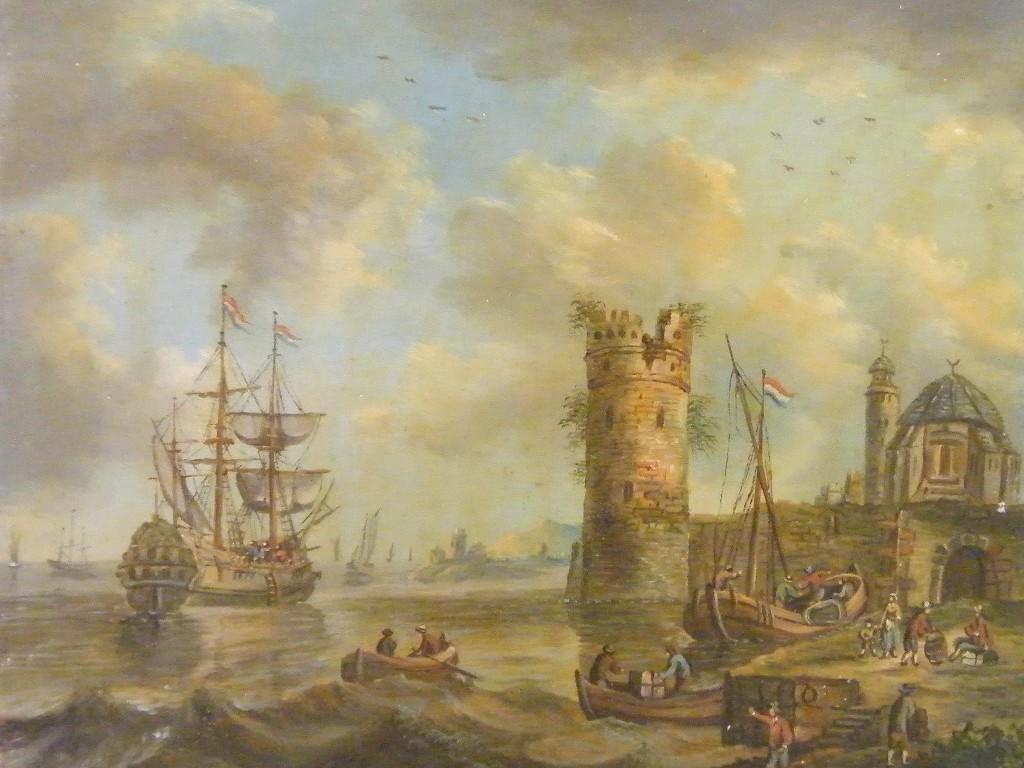 Appraisal: th century Dutch School - harbour scene with a turret