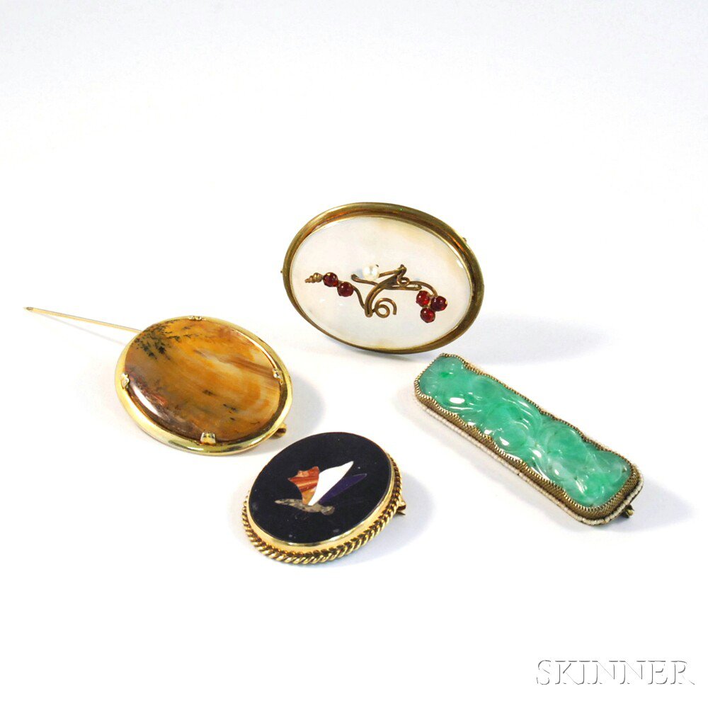 Appraisal: Four Brooches including a paste- and pearl-mounted chalcedony brooch a