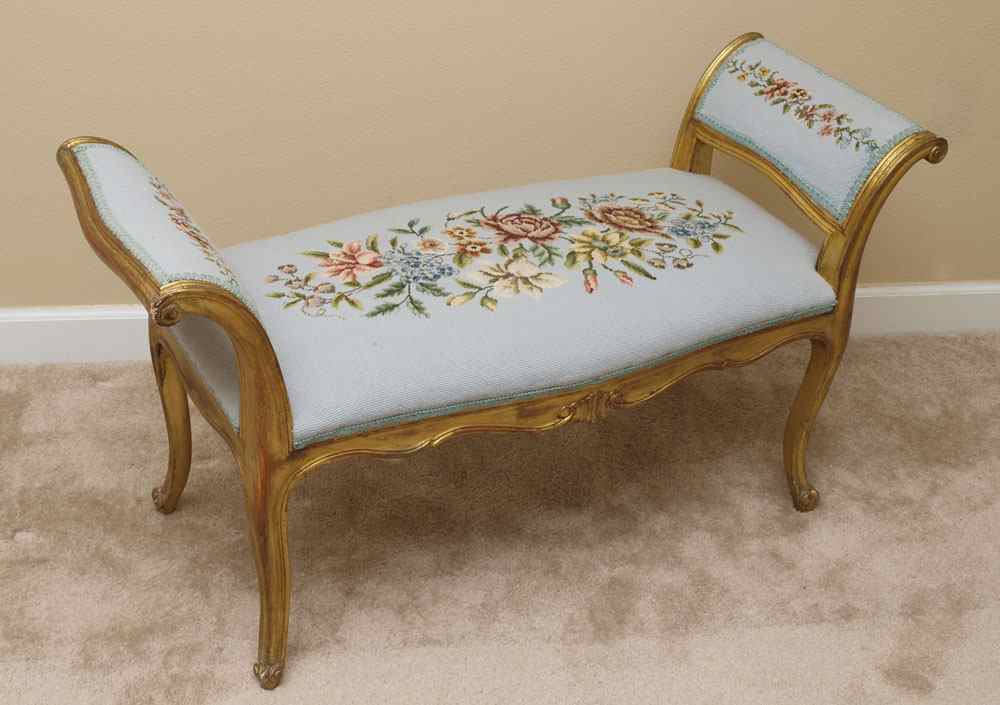 Appraisal: GILT WOOD BENCH Needlepoint seat and sides '' h x