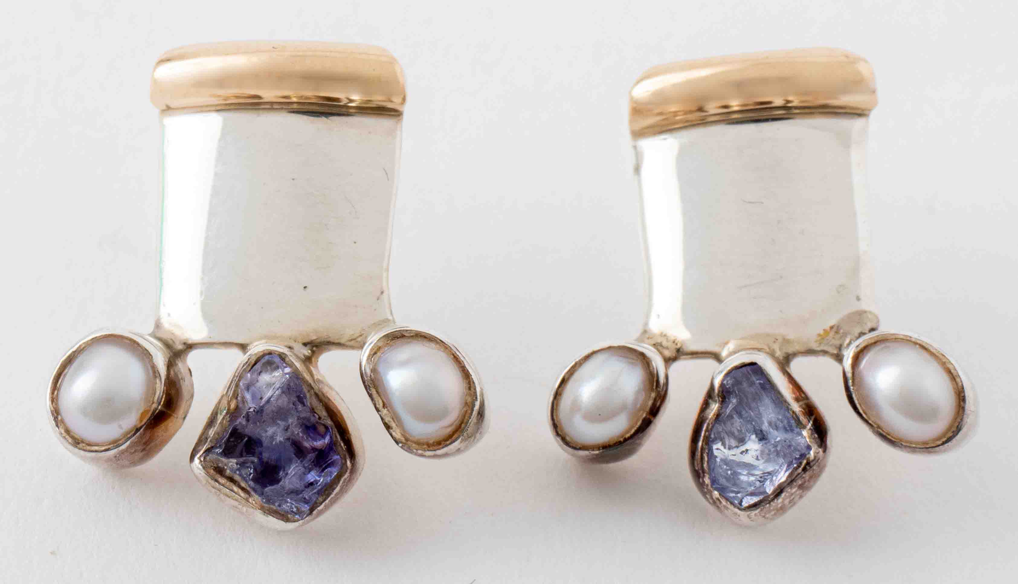 Appraisal: LILLY BARRACK SILVER GOLD TANZANITE PEARL EARRINGS Lilly Barrack sterling